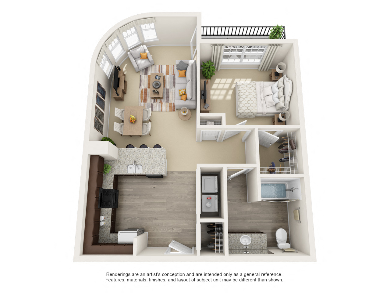 Floor plan for 1 bed, 1 bath, 704 sqft